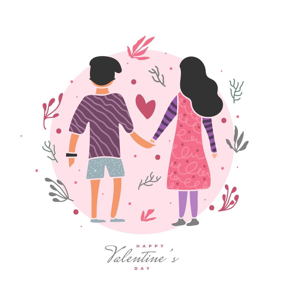 paar hand in hand illustratie met schattige bloemen element en happy Valentijnsdag belettering. valentijnskaartontwerp met paarillustratie vector