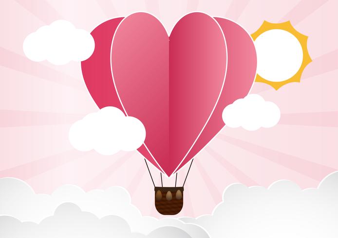 illustratie van liefde en valentijn dag, Origami gemaakt hete luchtballon vliegen over wolk met hart zweven op de sky.paper art-stijl. vector