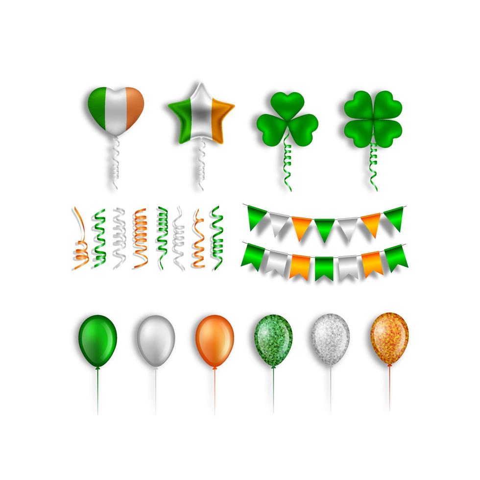 set van heilige patrick's day-feestelementen. geïsoleerde wimpels, ballonnen en slingers met Ierse vlagkleuren vector