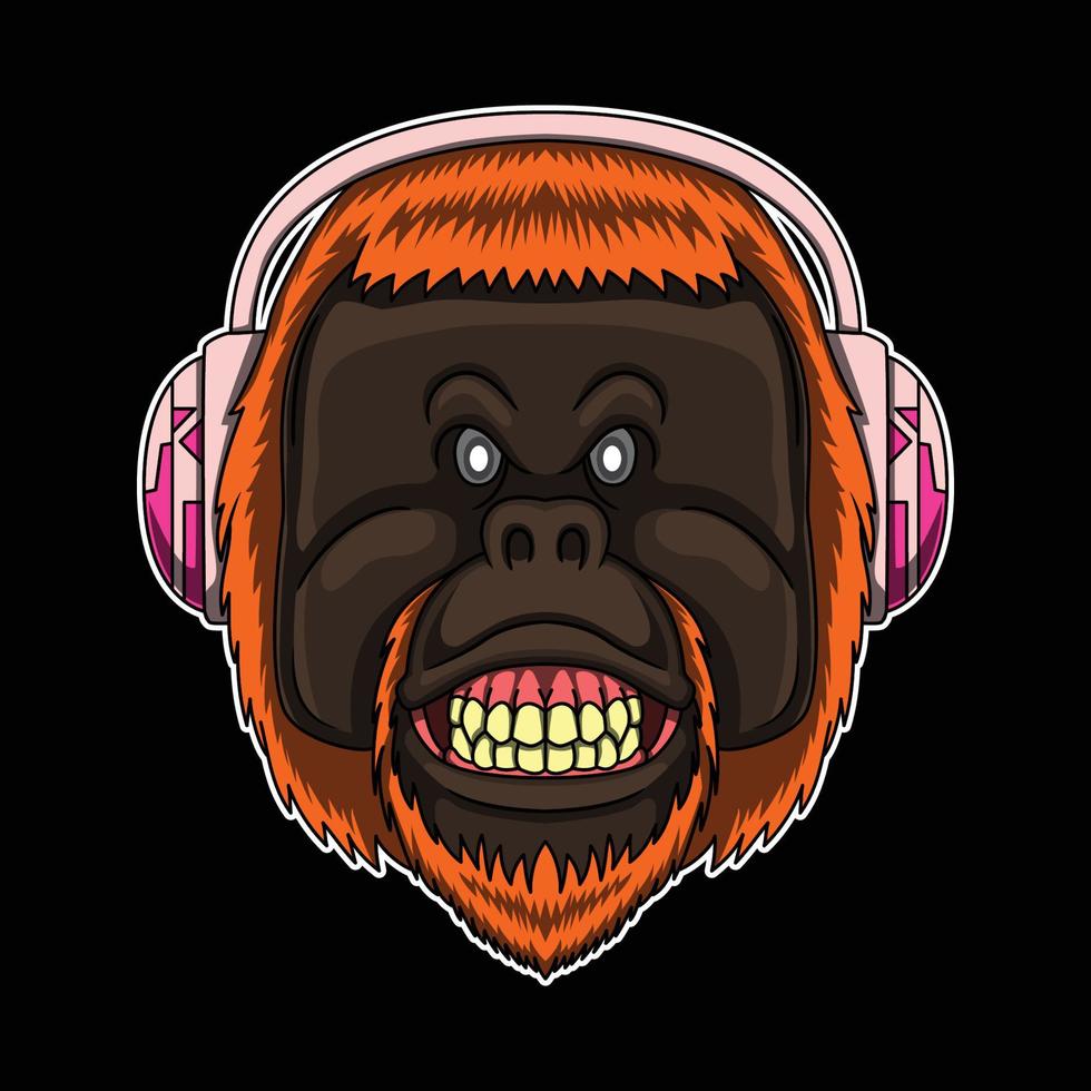 cartoon orang-oetan hoofd met koptelefoon vector