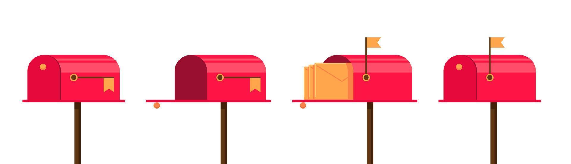 rode brievenbus set. gesloten en open, verhoogde vlag en brief binnen. lege brievenbus en met envelop. brievenbussen illustratie. vector eps brievenbussen