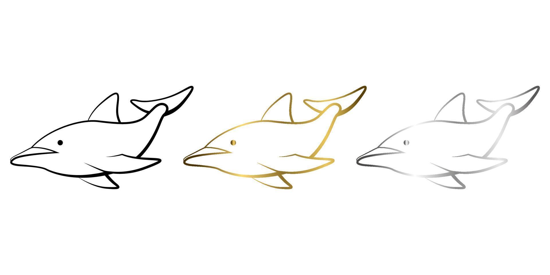 drie kleuren zwart goud en zilver lijntekeningen vectorillustratie van een dolfijn vector