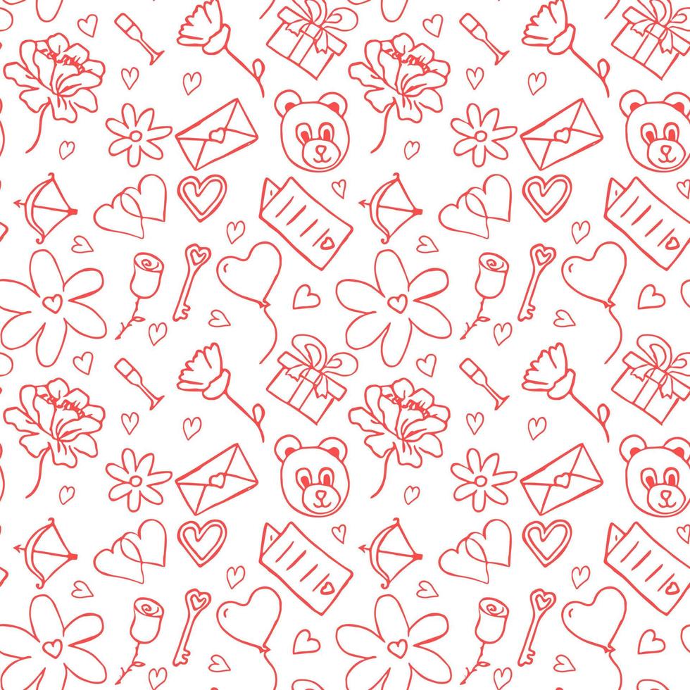 Valentijnsdag patroon. naadloos patroon met hartjes, geschenkdoos, bloemen, teddybeer, roos. set valentijnsdagpictogrammen vector