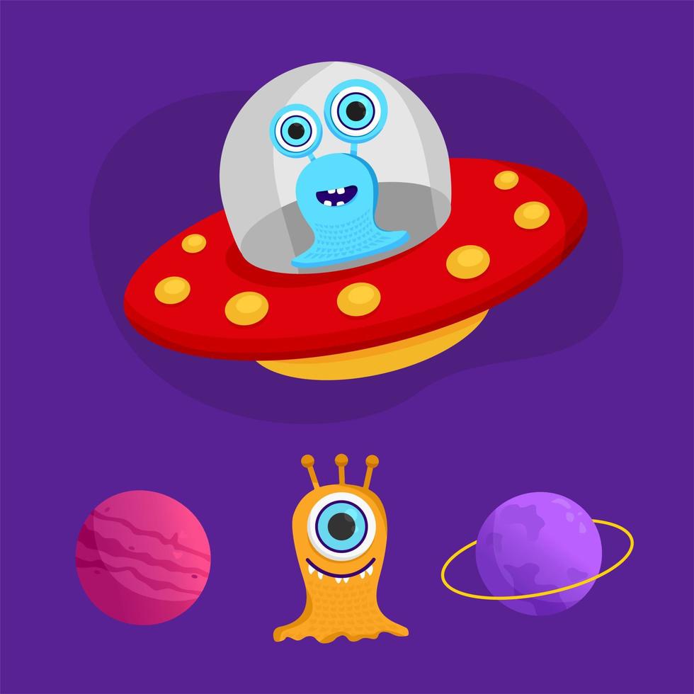 een set op een ruimtethema. ufo, planeet, Saturnus, humanoïde, alien, vliegende schotel. vectorillustratie in een vlakke stijl op een paarse achtergrond. vector