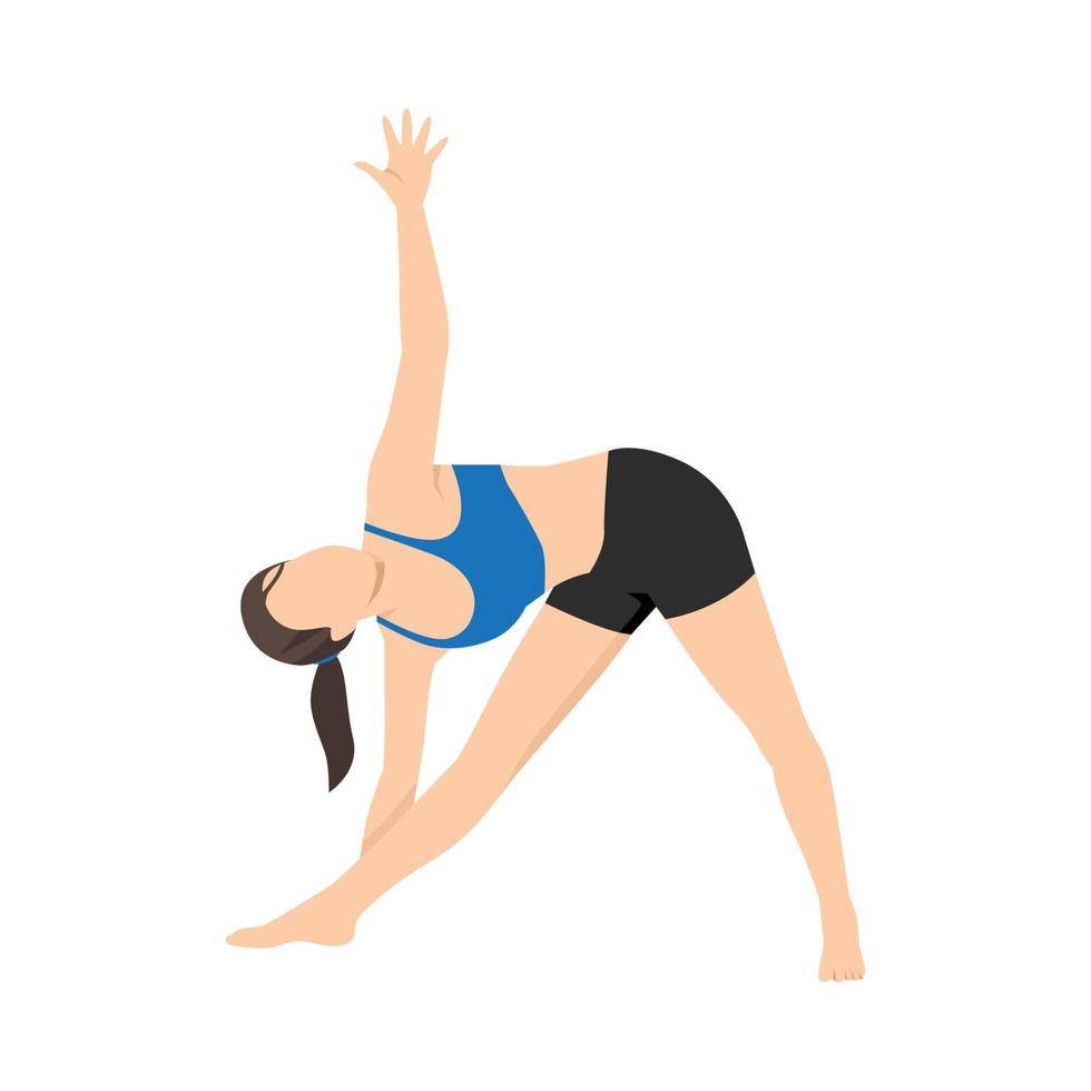 vrouw doet uitgebreide driehoek pose of utthita trikonasana oefening. platte vectorillustratie geïsoleerd op een witte achtergrond vector