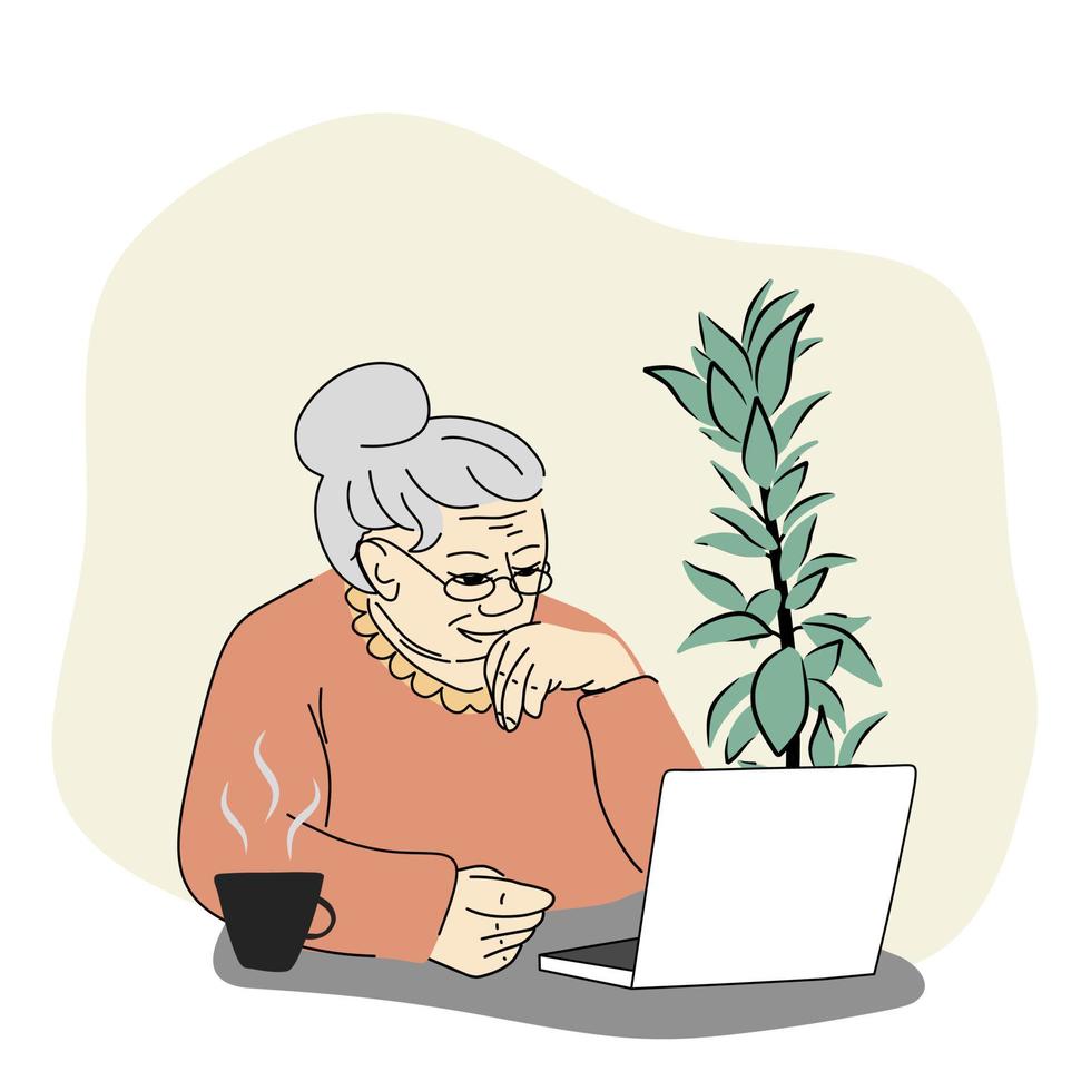gelukkige oma met een laptop in een kamer vector