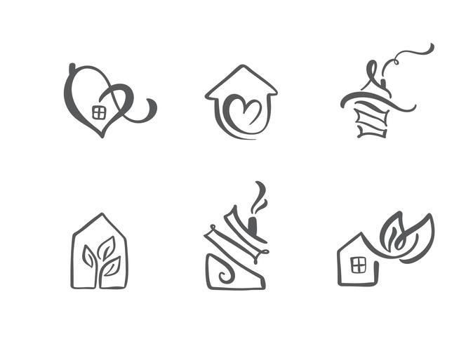 Set van eenvoudige kalligrafie huizen hand getrokken logo. Echte vector iconen. Estate-architectuur Constructie voor ontwerp. Kunst thuis vintage element