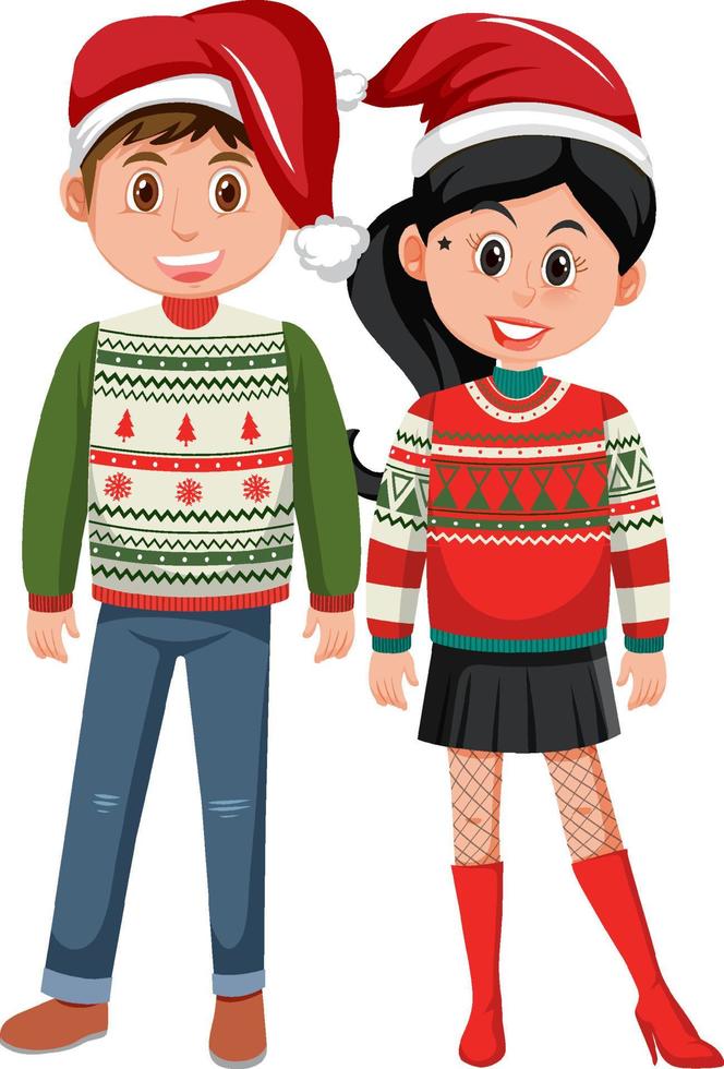 paar man en vrouw die kerstoutfits dragen vector