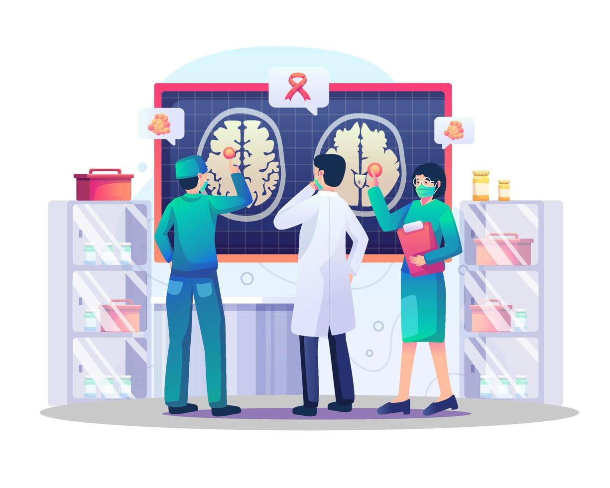 artsen analyseren de hersenen op tumoren of problemen in het laboratorium met het rode lint kankerbewustzijn, een pictogramsymbool van de strijd tegen kanker. vlakke stijl vectorillustratie vector