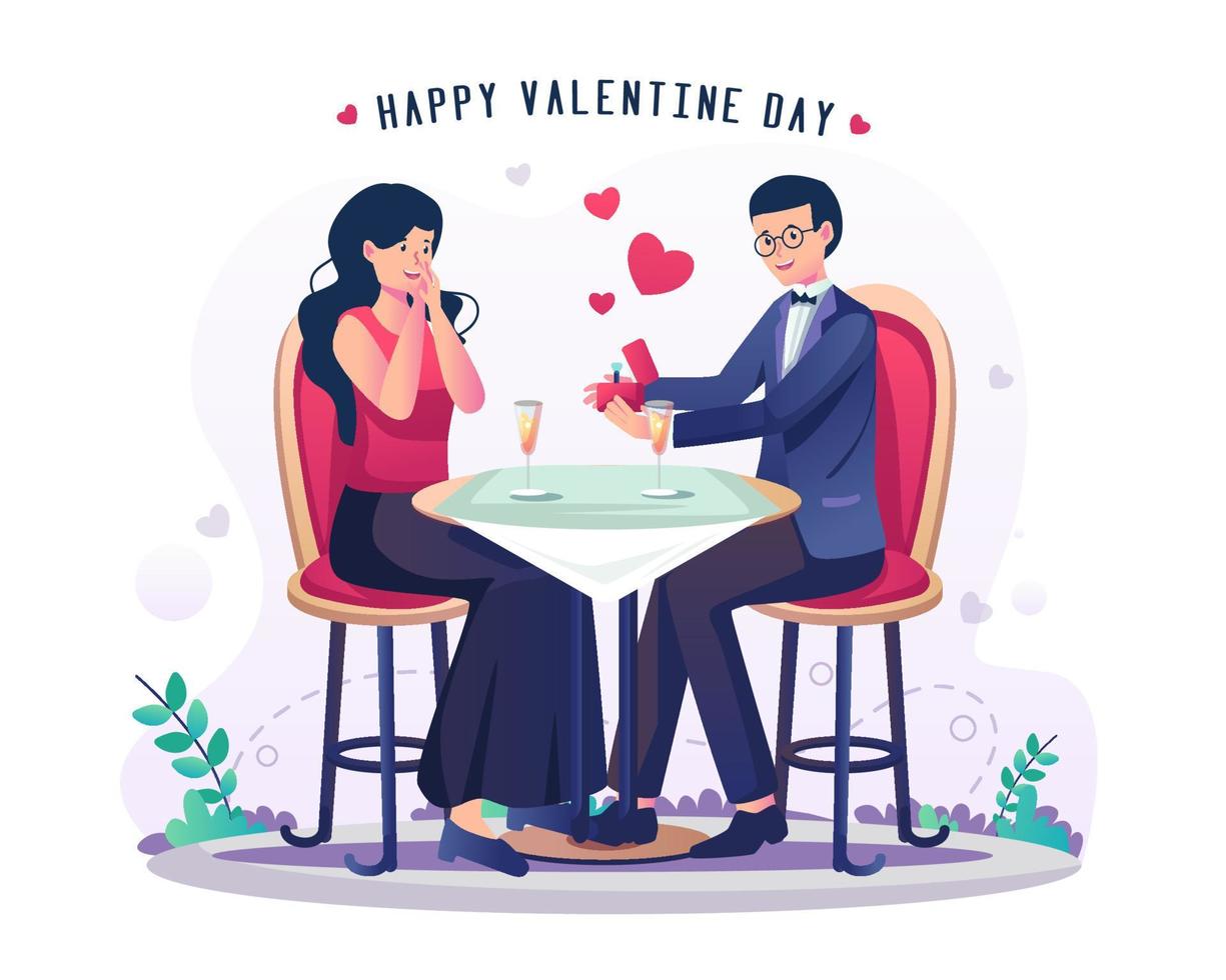 een jonge man die een verlovingsring geeft in een kleine rode doos en een voorstel doet. een stel op een date en samen uit eten op Valentijnsdag. vlakke stijl vectorillustratie vector