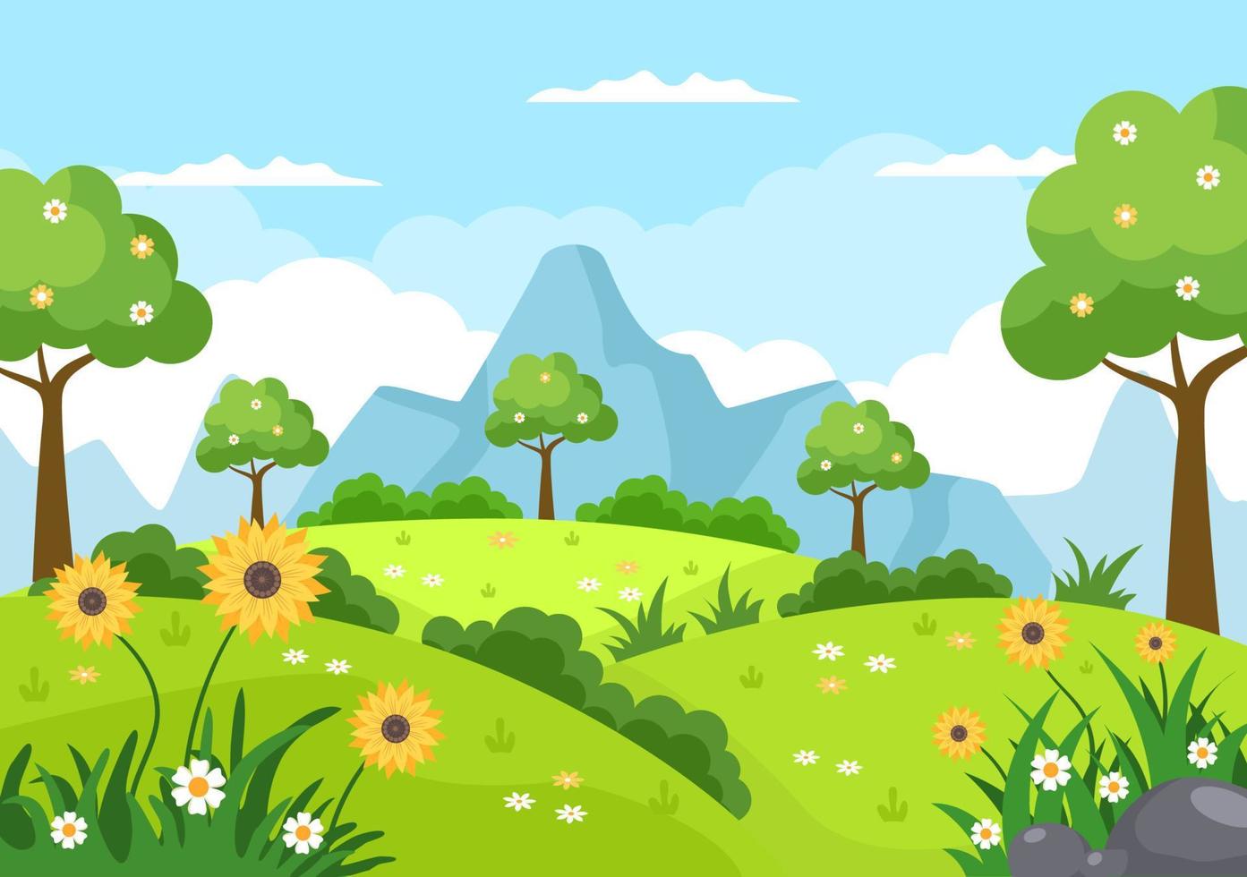 lente landschap achtergrond met bloemen seizoen, regenboog en plant voor promoties, tijdschriften, reclame of websites. natuur vectorillustratie vector