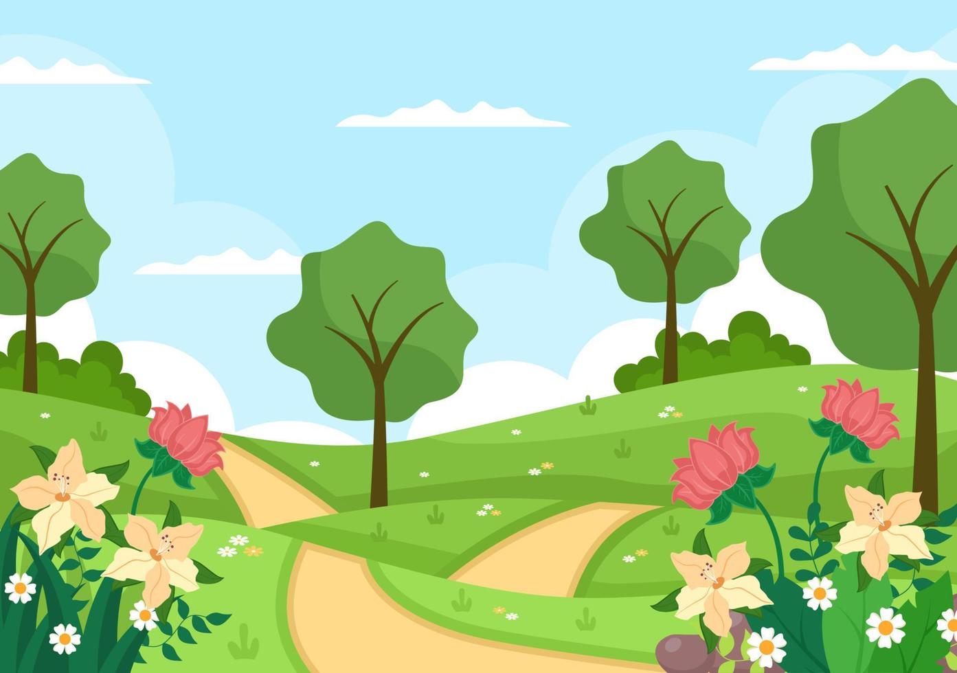 lente landschap achtergrond met bloemen seizoen, regenboog en plant voor promoties, tijdschriften, reclame of websites. natuur vectorillustratie vector