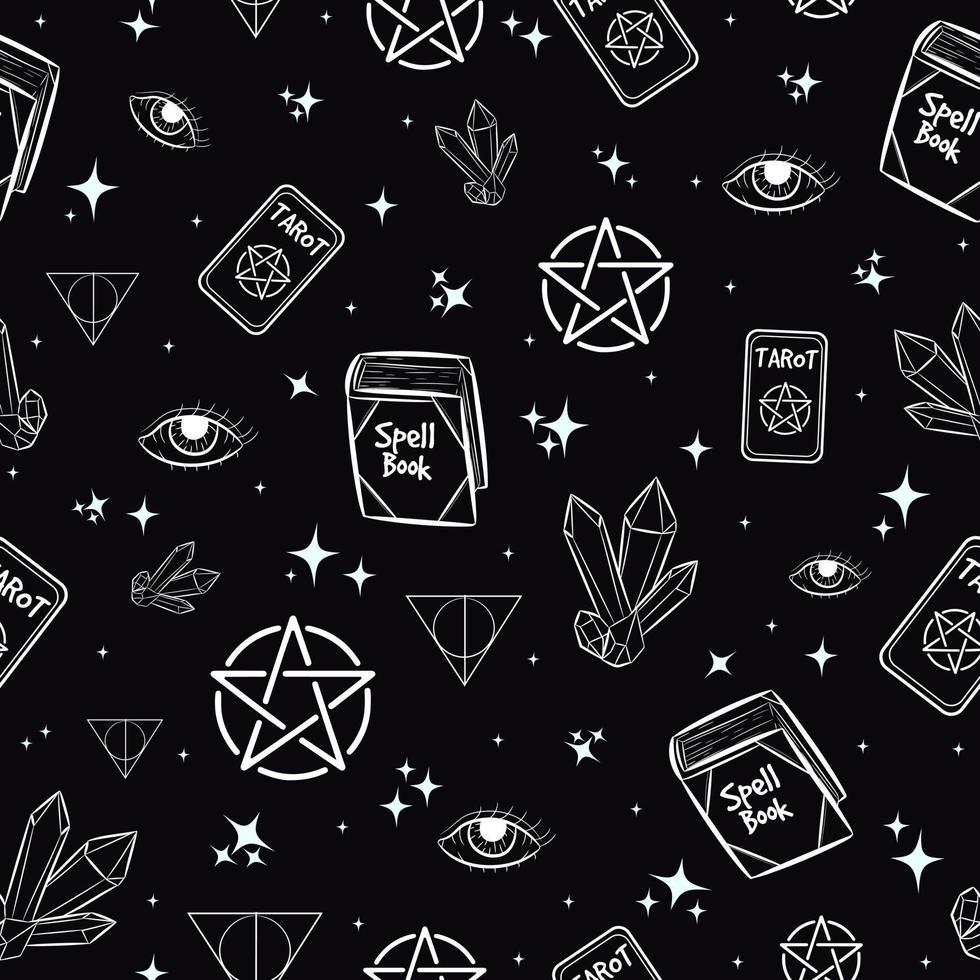 occult naadloos patroon met heksen en heidense elementen. herhaal achtergrond met spreukenboeken, tarotkaarten, amethistkristallen, sterren en pentagrammen. vector
