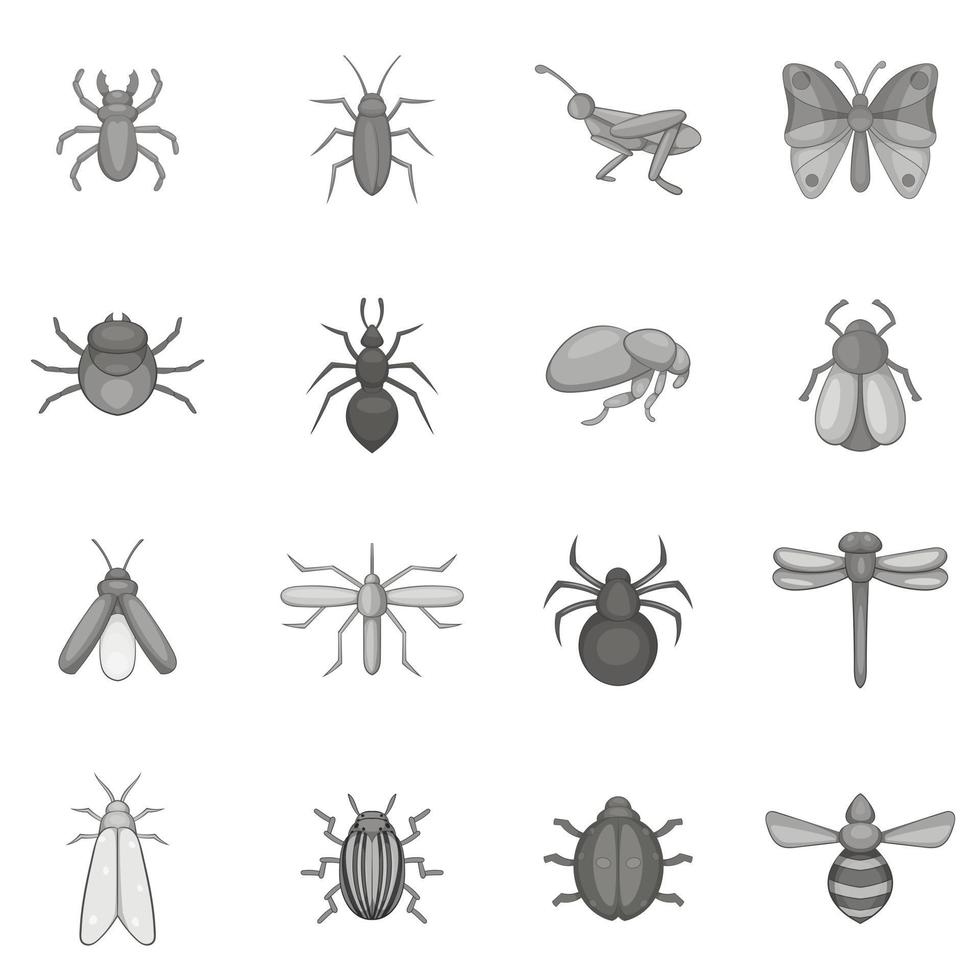 insecten iconen set, grijze zwart-wit stijl vector