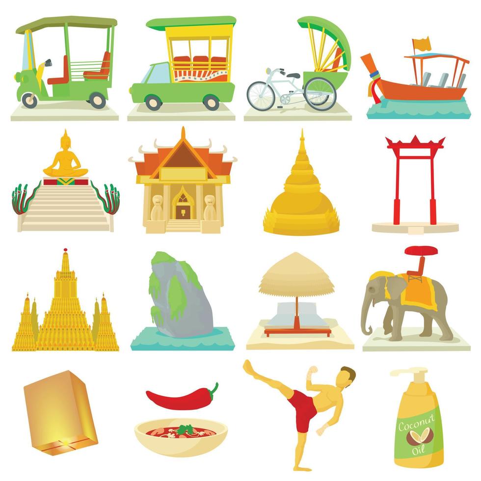 Thailand reizen iconen set, cartoon stijl vector