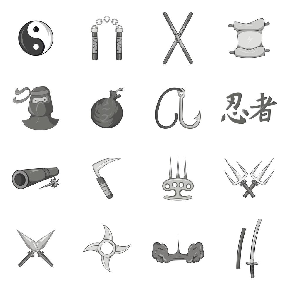 ninja iconen set, zwart zwart-wit stijl vector