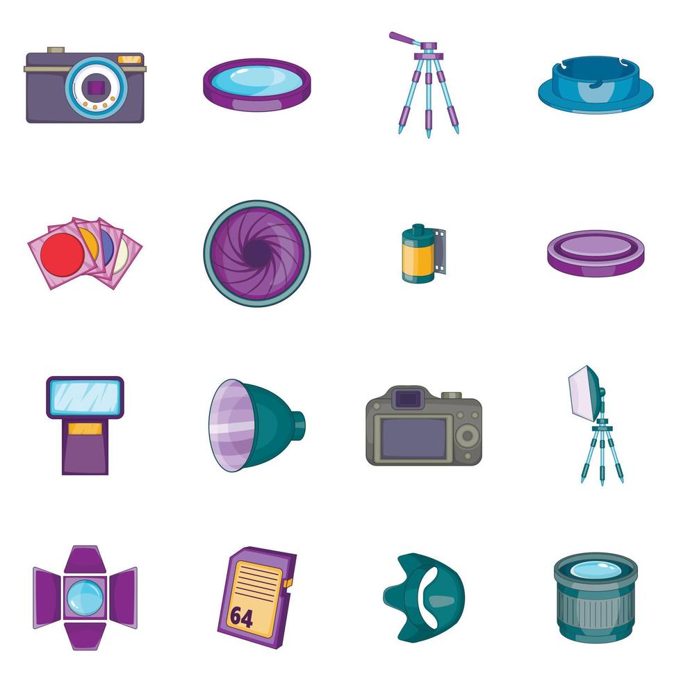 fotostudio iconen set, cartoon stijl vector