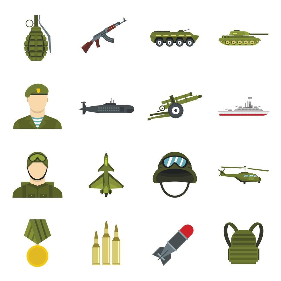 militaire iconen set, vlakke stijl vector