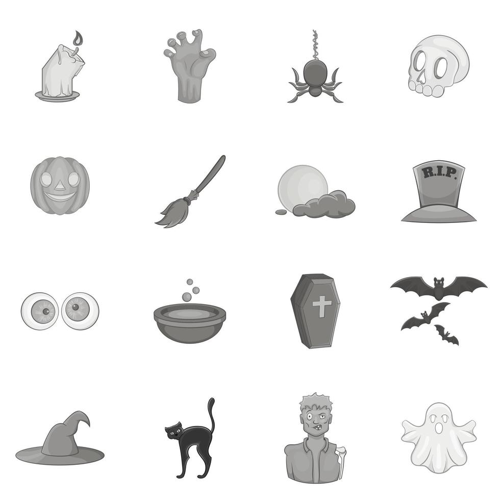 halloween iconen set, zwart zwart-wit stijl vector