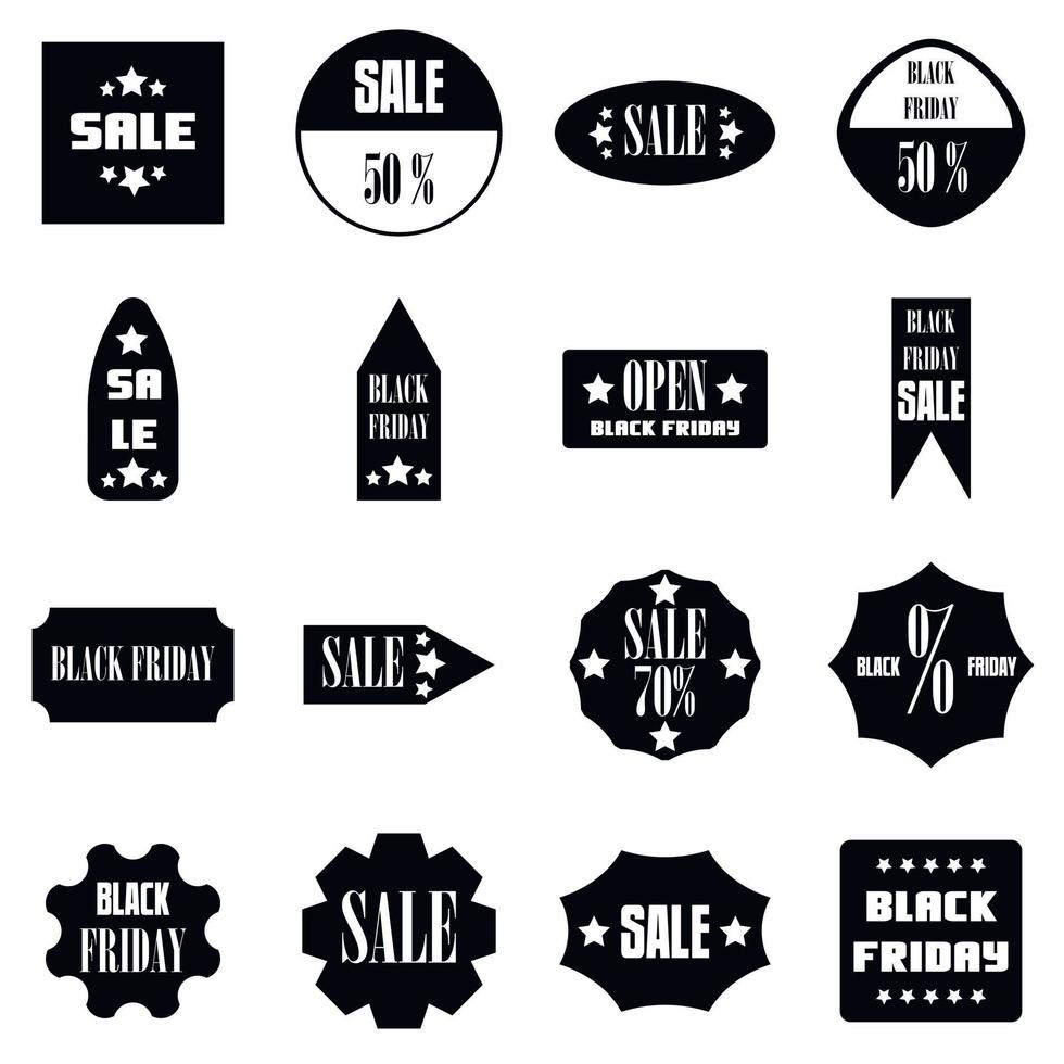 zwarte vrijdag verkoop borden iconen set, eenvoudige stijl vector
