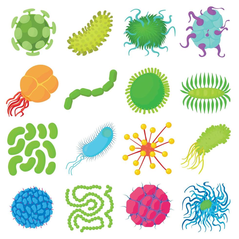 virusbacteriën vormen iconen set, cartoon stijl vector