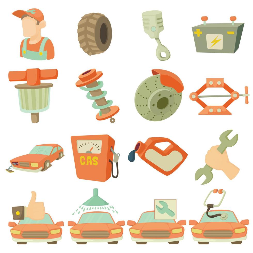 auto reparatie items iconen set, cartoon stijl vector