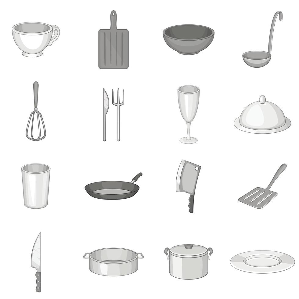 keukengerei iconen set, grijze zwart-wit stijl vector