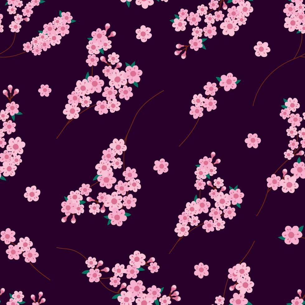 naadloze bloemmotief. sakura-bloemen. vector eindeloze donker rode achtergrond met bloesem. lenteontwerp met bloemenelementen