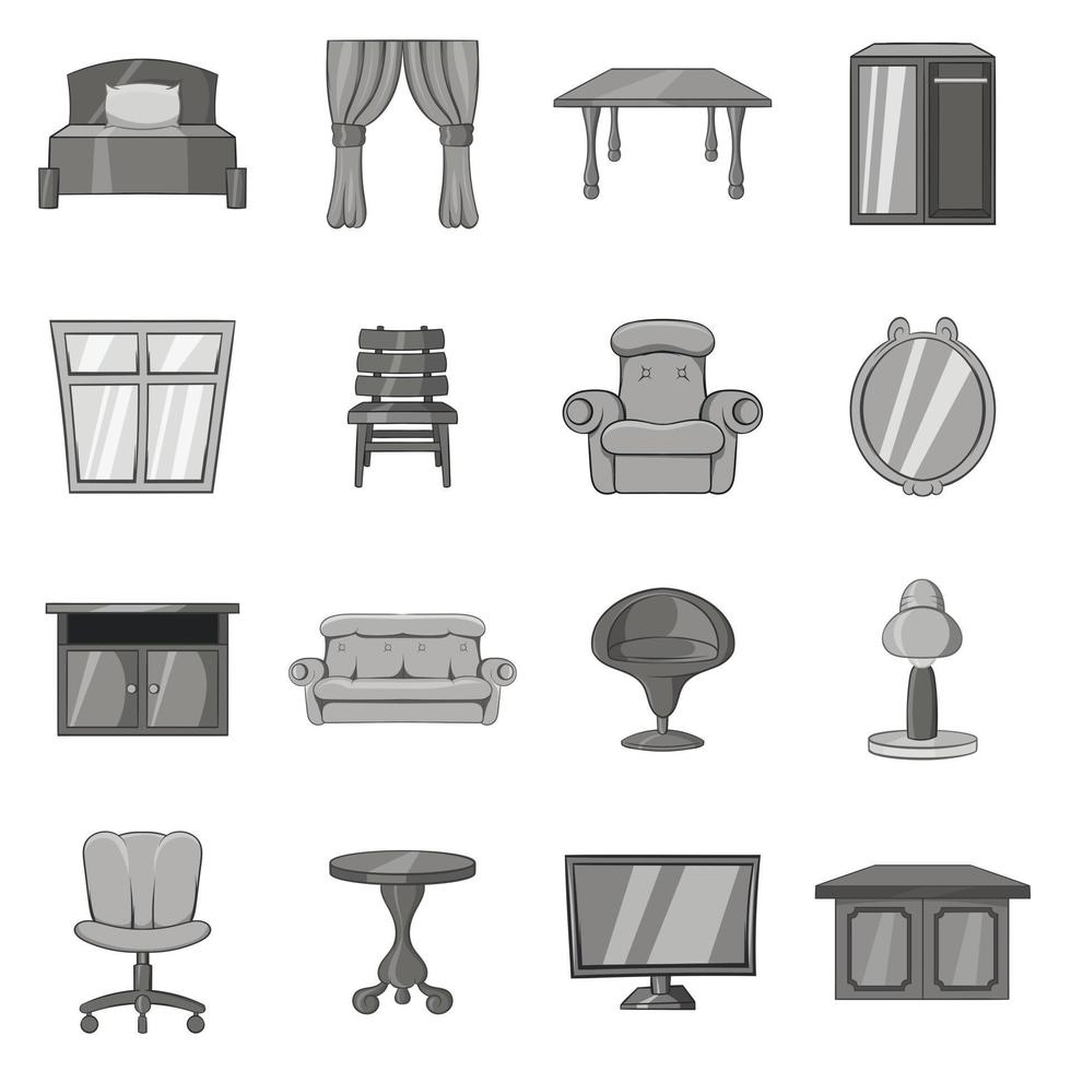 meubels iconen set, zwart zwart-wit stijl vector
