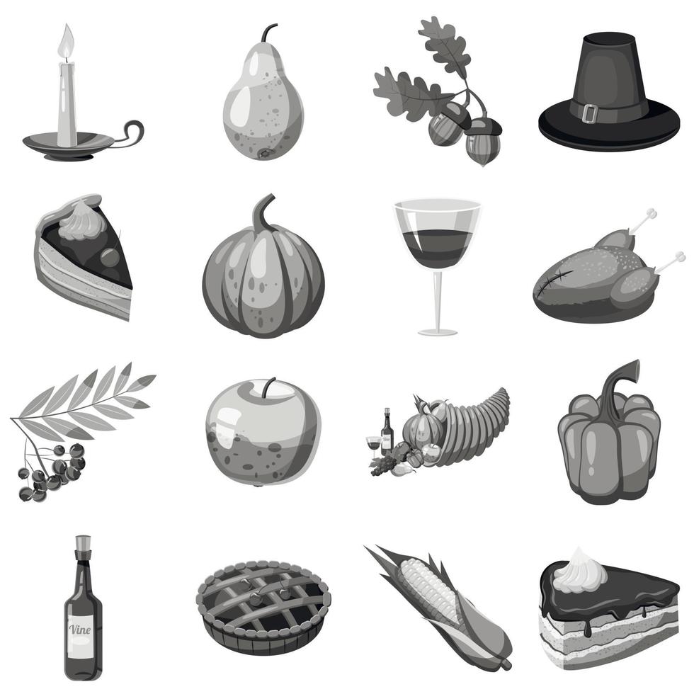 Thanksgiving iconen set, grijze zwart-wit stijl vector