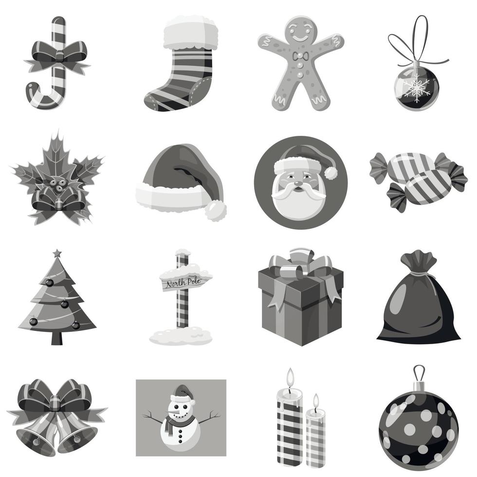 kerst iconen set, grijze zwart-wit stijl vector