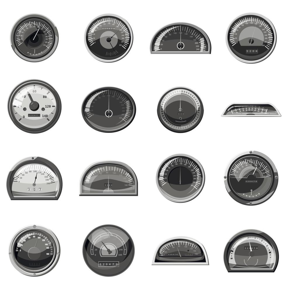 snelheidsmeter iconen set, grijze zwart-wit stijl vector