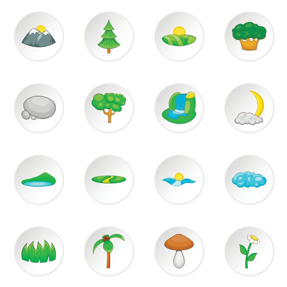 natuur landschap iconen set, cartoon stijl vector