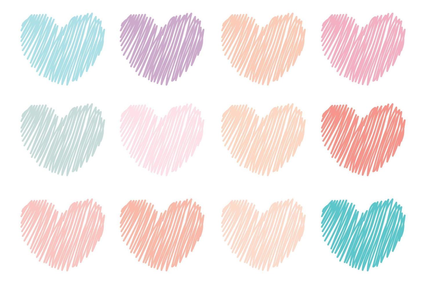 set handgetekende harten in pastelkleuren vector