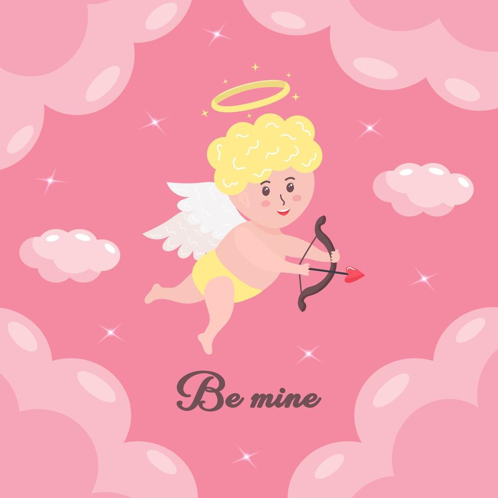 schattige cupido-baby met hartpijl, boog en halo. cherubijnkarakter met engelenvleugels vliegt tussen wolken en sterren. vector