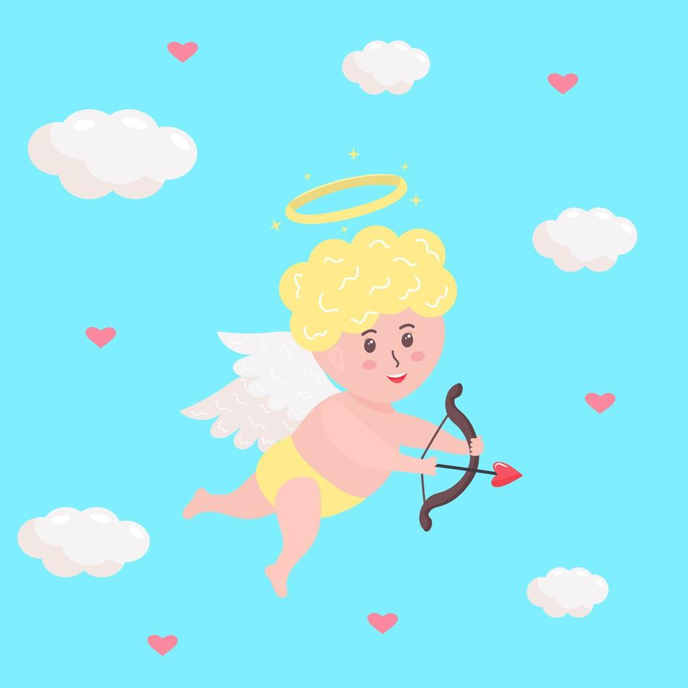 schattige cupido-baby met hartpijl, boog en halo. cherubijnkarakter met engelenvleugels vliegt tussen wolken en harten. vector