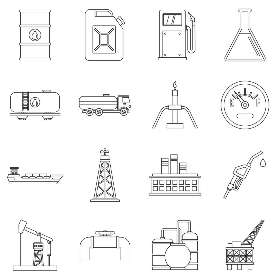 olie-industrie items iconen set, Kaderstijl vector