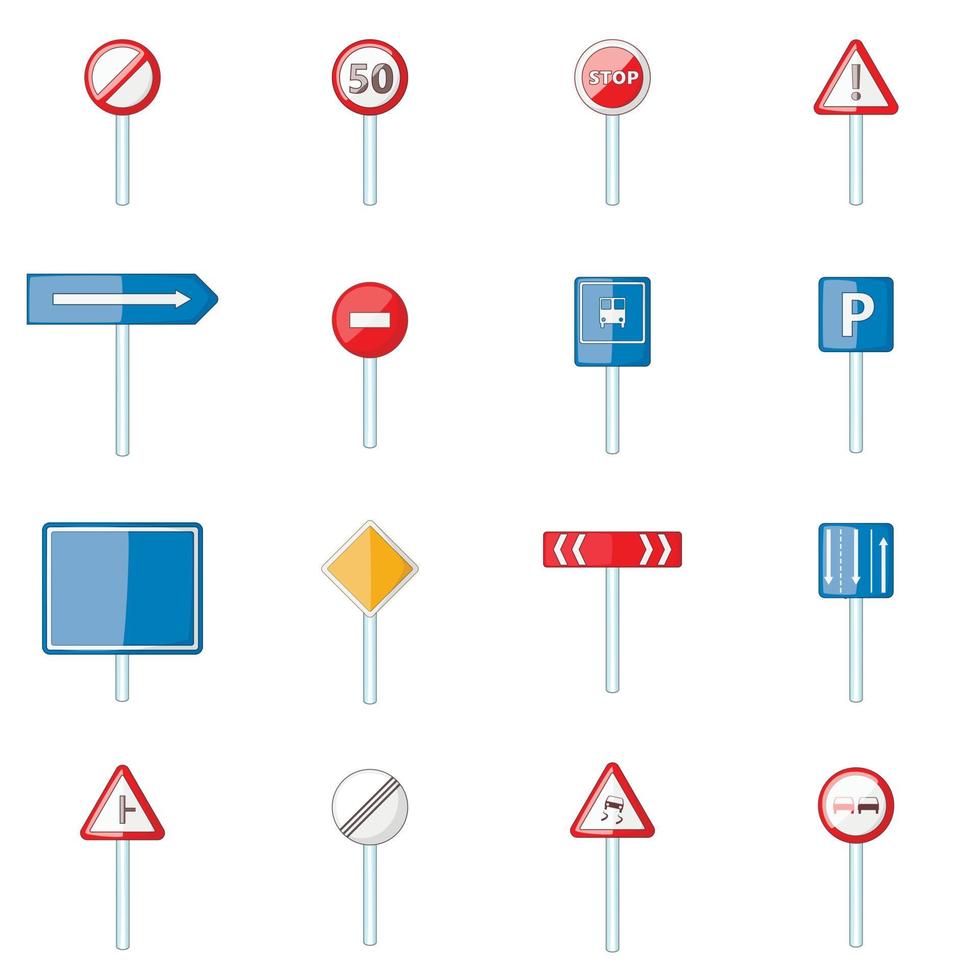 verkeersborden iconen set, cartoon stijl vector
