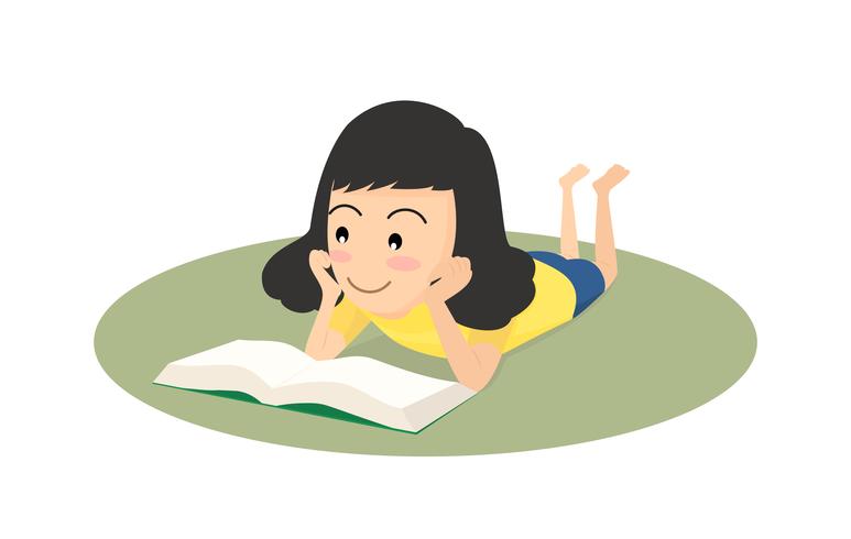 Het vector gelukkige meisje die van de conceptenillustratie een boek op de vloer lezen