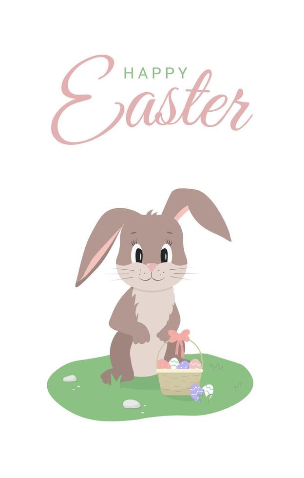 vrolijk pasen wenskaart met schattige cartoon konijntje, eieren, mand en tekst. concept vectorillustratie. vector