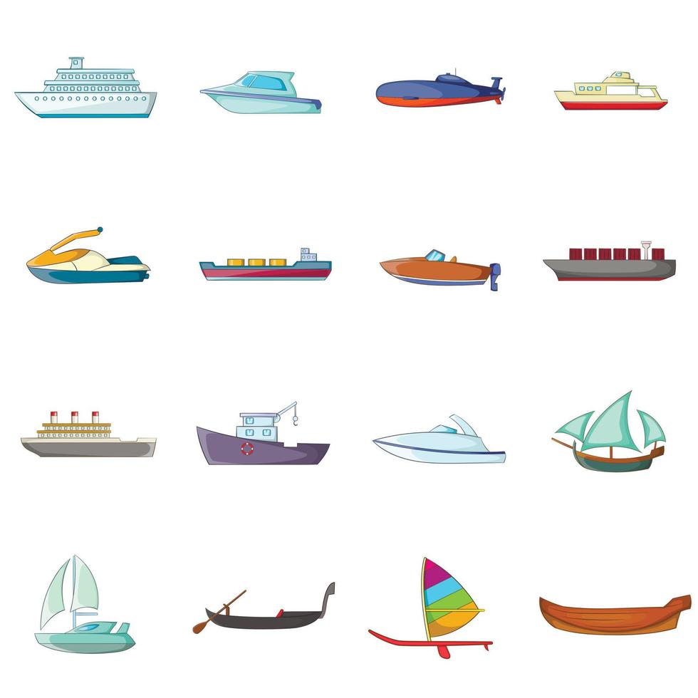 schip en boot iconen set, cartoon stijl vector