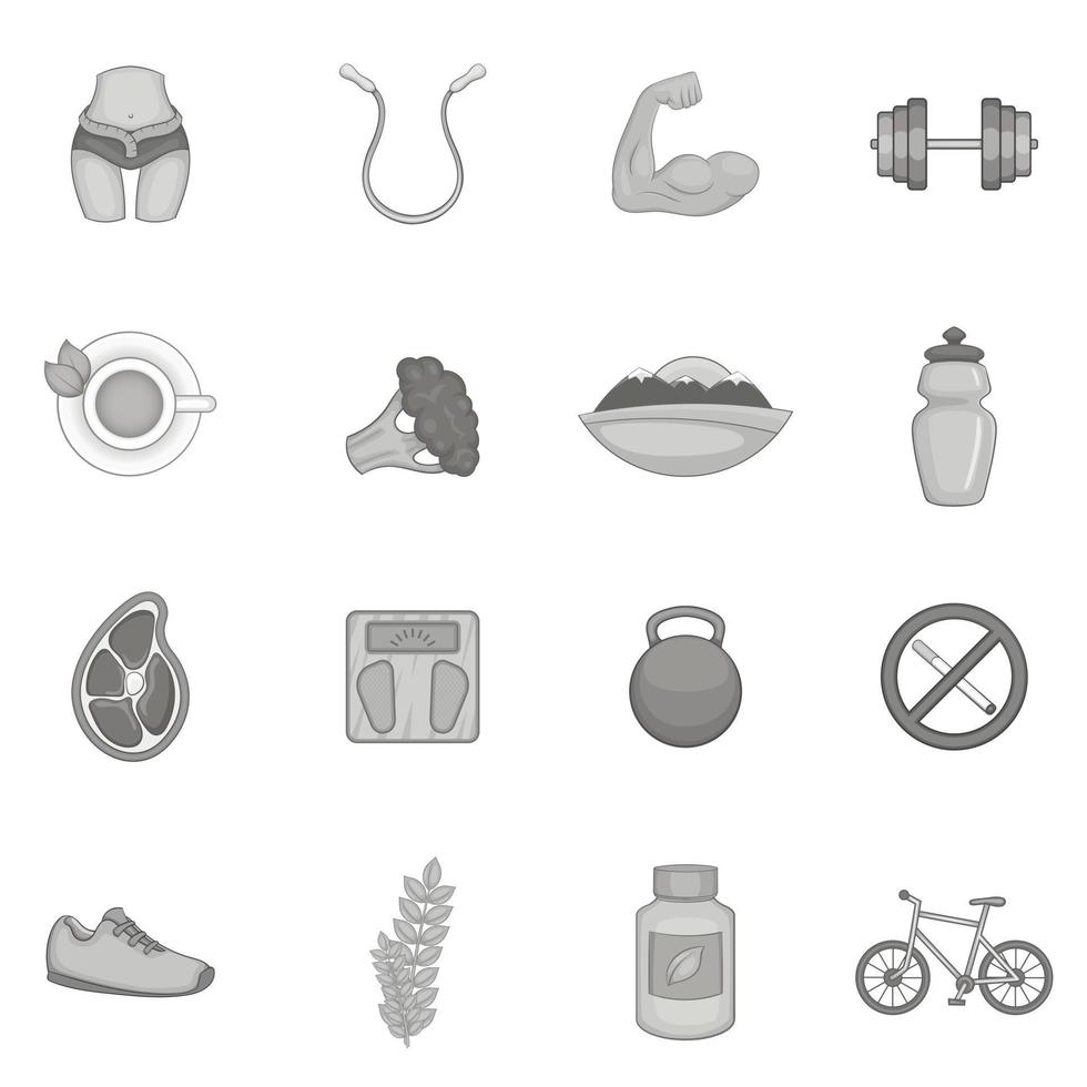 fitness iconen set, zwart zwart-wit stijl vector