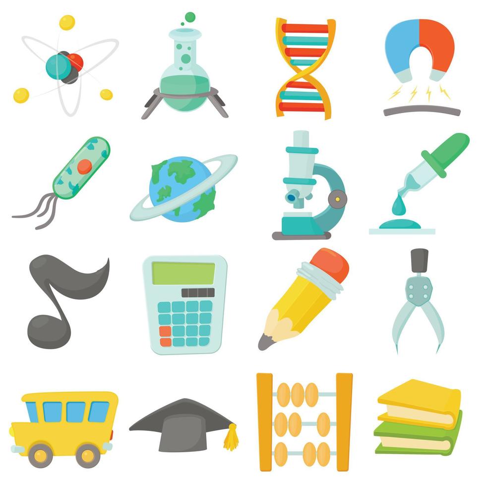 wetenschap onderwijs iconen set, cartoon stijl vector