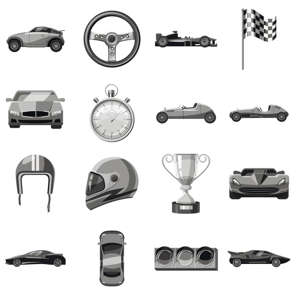 auto race iconen set, grijze zwart-wit stijl vector