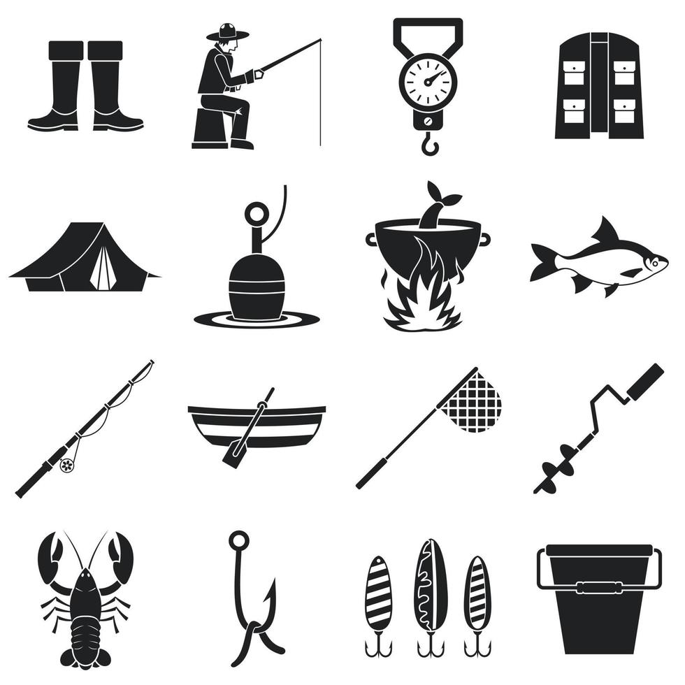 vissen tools iconen set, eenvoudige stijl vector