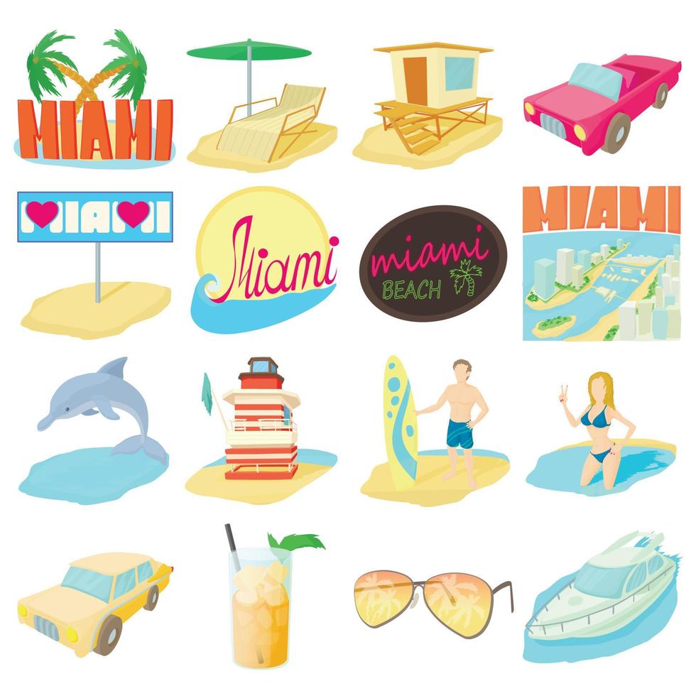 Miami reizen iconen set, cartoon stijl vector