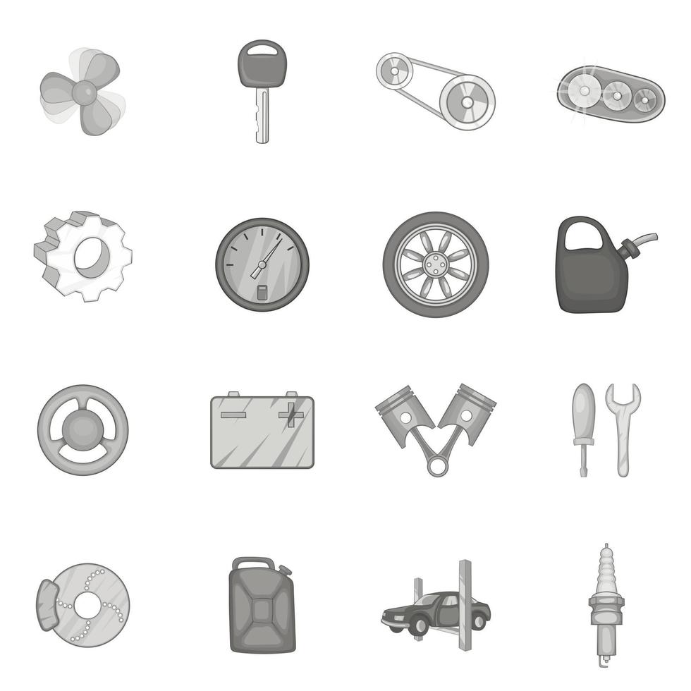 auto onderdelen iconen set, zwart zwart-wit stijl vector