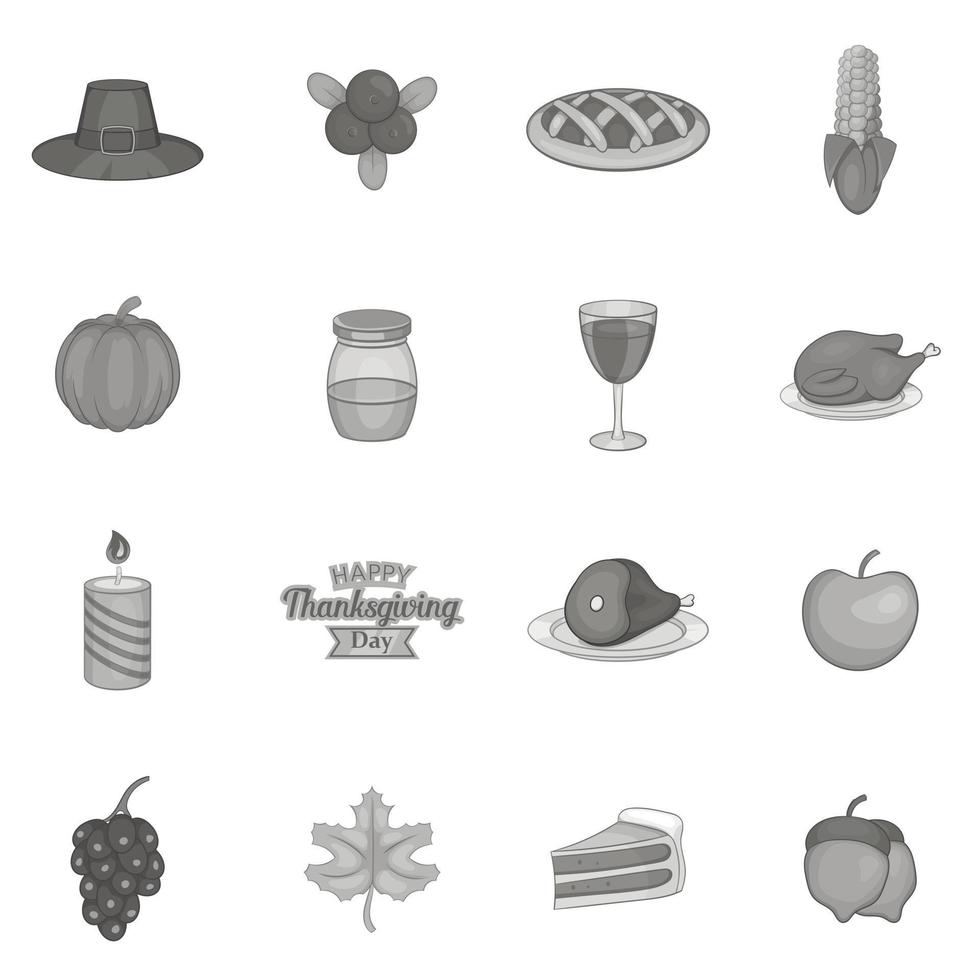 Thanksgiving iconen set, zwart zwart-wit stijl vector