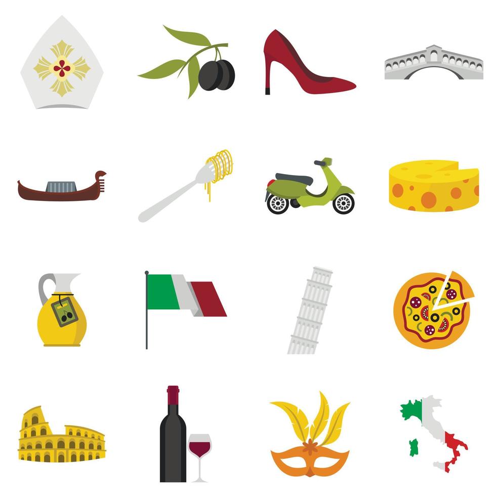 Italië iconen set, vlakke stijl vector