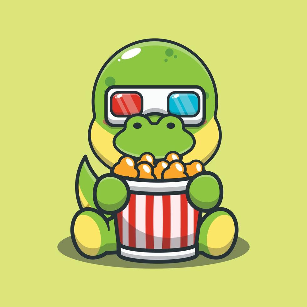 schattige dino popcorn eten en kijken naar 3D-film cartoon vectorillustratie. vector